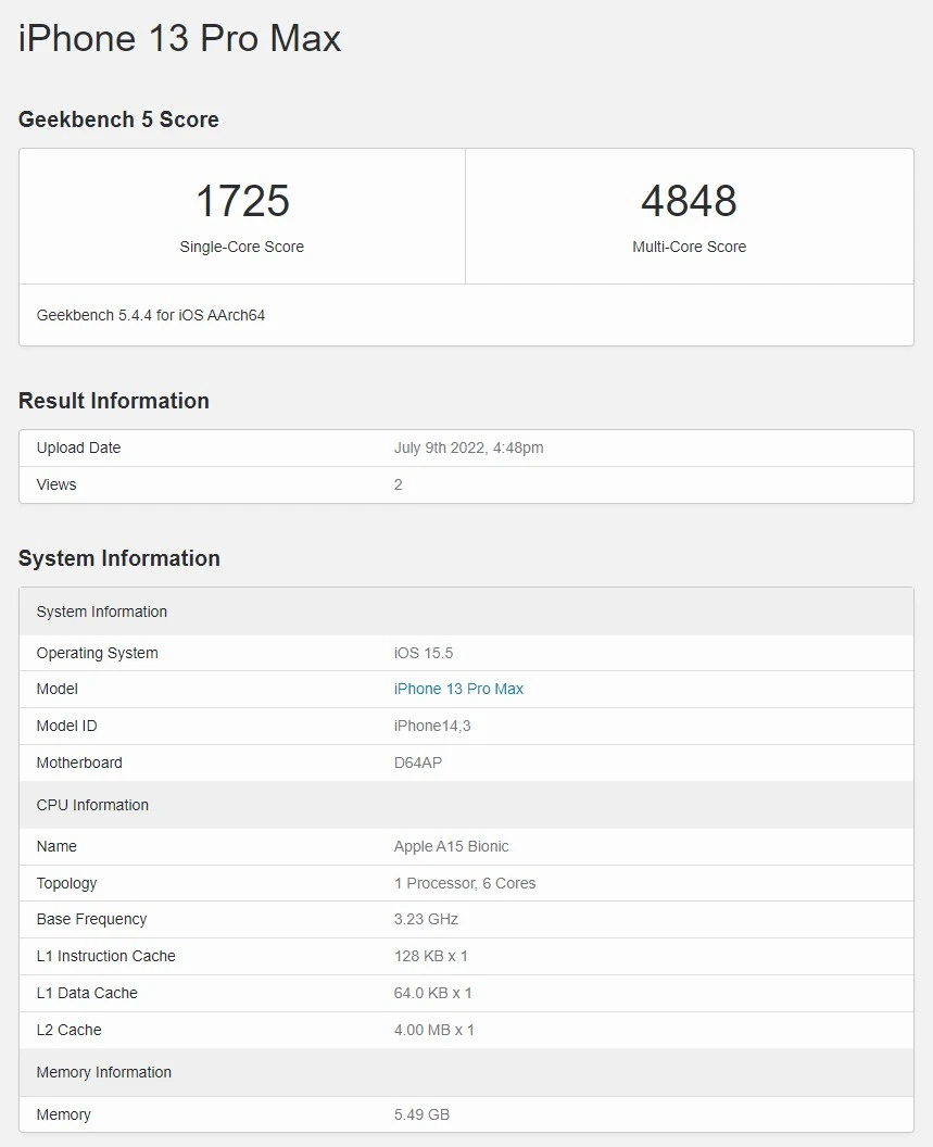 iPhone 14 Pro Max & 13 Pro Max Geekbench scores